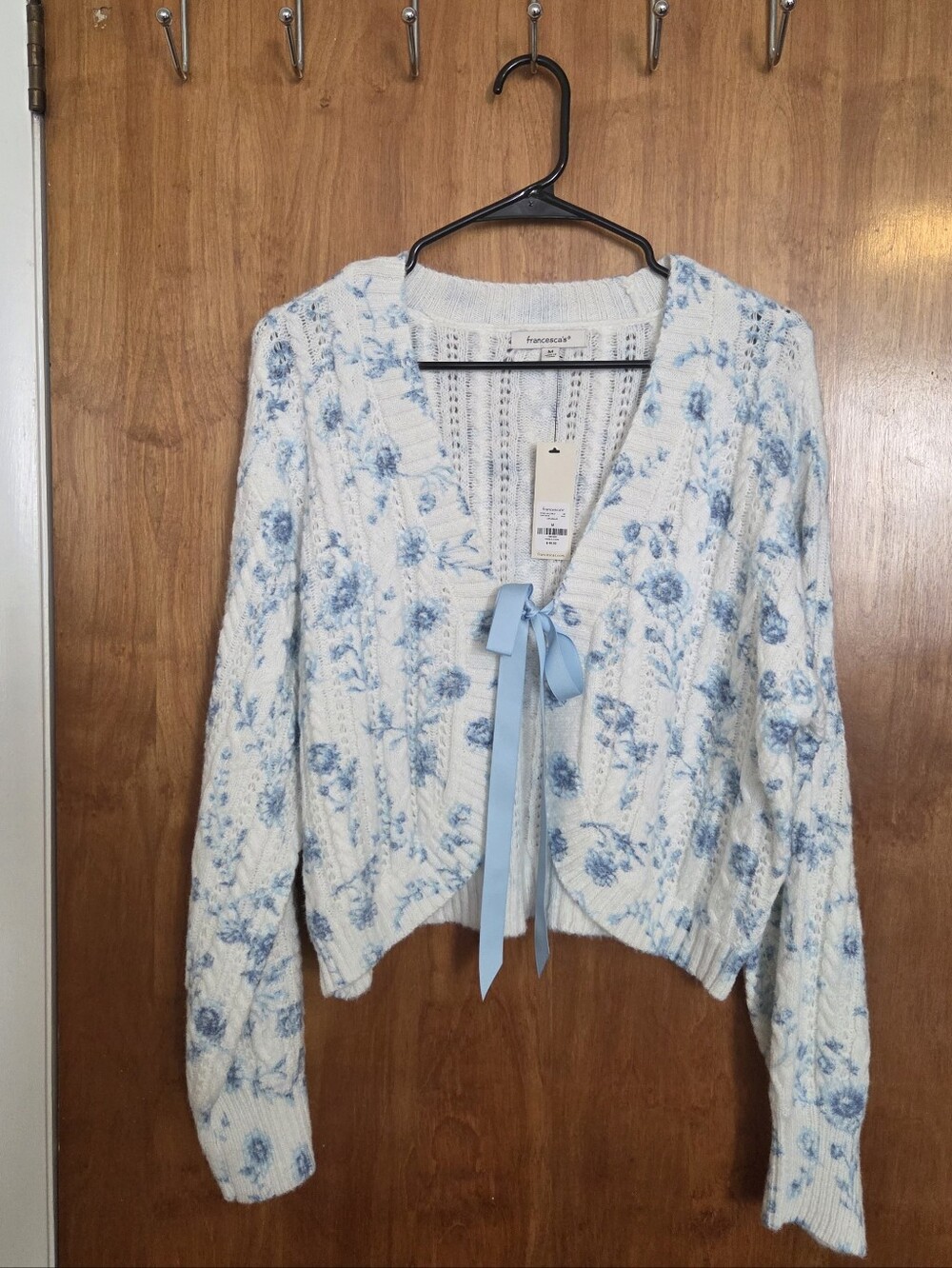 Francesca's Collections Blue Floral Tie-Front Cardigan Sweater